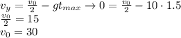 v_y=\frac{v_0}{2}-gt_{max} \to 0=\frac{v_0}{2}-10\cdot1.5 \\\frac{v_0}{2}=15 \\v_0=30