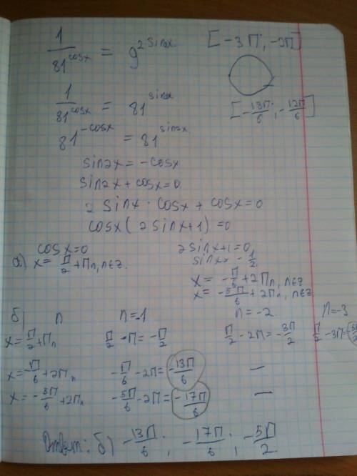 А) решите уравнение 1/81^ (cosx)= 9^( 2sin2x) б)найдите все корни принадлежащие отрезку (-3п; -2п)