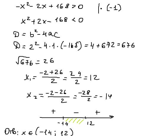 При каких значениях x трехчлен? -x(в квадрате)-2x+168 принимает положительное значение