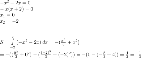 -x^2-2x=0 \\ -x(x+2)=0 \\ x_1=0 \\ x_2=-2 \\ \\ \\ S= \int\limits^0_{-2} {(-x^2-2x)} \, dx =-(\frac{x^3}{3}+x^2)= \\ \\ =-( (\frac{0^3}{3} +0^2)-( \frac{(-2)^3}{3}+(-2)^2)) = -(0-( -\frac{8}{3} +4))= \frac{4}{3} =1 \frac{1}{3}