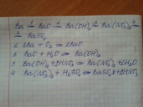 Составьте уравнение реакций: ba⇒bao⇒ba(oh)₂⇒ba(no₃)₂⇒baso₄