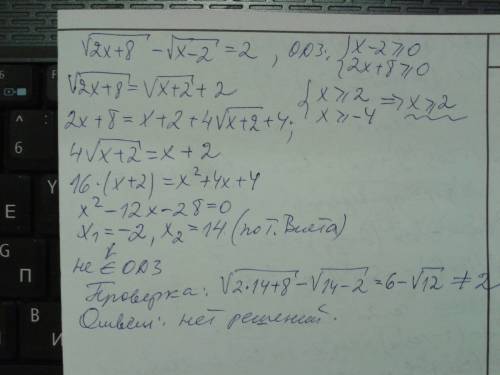 Найдите среднее арифметическое корней уравнения √(2х+8) - √(х-2)=2