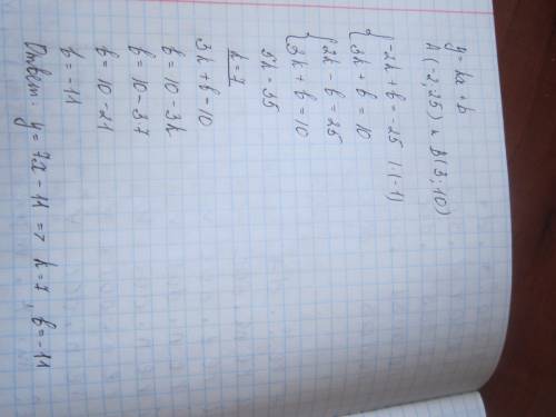 Известно что точки а(-2; -25) и b(3; 10) принадлежат графику функции y=kx+b найдите k и b