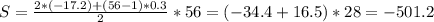 S=\frac{2*(-17.2)+(56-1)*0.3}{2} *56=(-34.4+16.5)*28=-501.2