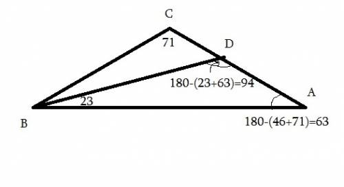 Втреугольнике авс угол в равен 46 градусов, угол с равен 71 градус, вd биссектриса. найдите угол аdb