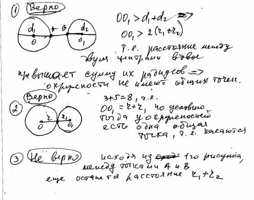 Какие из следуйщих утверждений верны. 1)если расстояние между центрами двух окружностей больше суммы