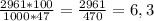 \frac{2961*100}{1000*47} = \frac{2961}{470} =6,3