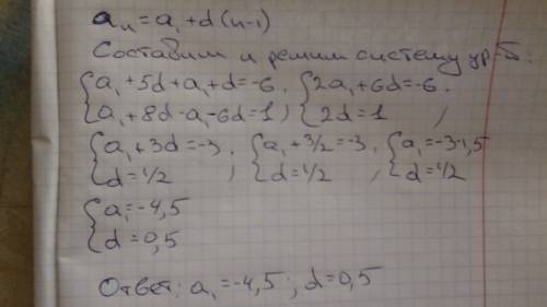 Найдите первый член и разность арифмитической прогрессии(аn), если а6+а2=-6, а9-а7=1