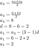 a_{4}= \frac{a_{3}+a_{5}}{2} \\ \\&#10;a_{4}= \frac{6+10}{2} \\&#10;a_{4}=8 \\&#10;d=8-6=2 \\&#10;a_{1}=a_{3}-(3-1)d \\&#10;a_{1}=6-2*2 \\&#10;a_{1}=2 \\&#10;