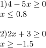 1) 4-5x \geq 0\\ x \leq 0.8\\\\ 2) 2x+3 \geq 0\\ x \geq -1.5\\\