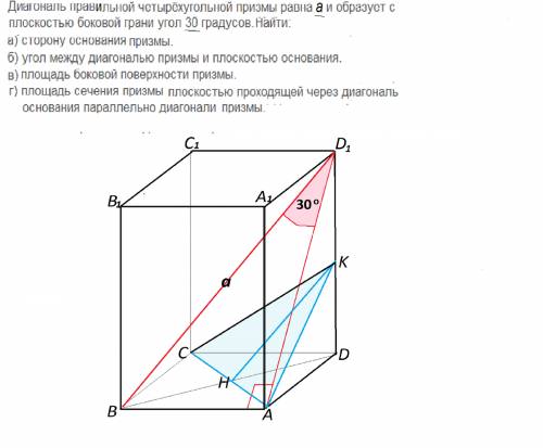 Диагональ правельной четырёхугольной призмы равна а и образует с плоскостью боковой грани угол 30 гр