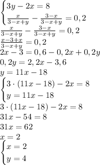 \begin{cases}3y-2x=8\\\frac{x}{3-x+y}-\frac {3-x}{3-x+y}=0,2\end{cases}\\\frac{x}{3-x+y}-\frac {3-x}{3-x+y}=0,2\\\frac{x-3+x}{3-x+y}=0,2\\2x-3=0,6-0,2x+0,2y\\0,2y=2,2x-3,6\\y=11x-18\\\begin{cases}3\cdot(11x-18)-2x=8\\y=11x-18\end{cases}\\3\cdot(11x-18)-2x=8\\31x-54=8\\31x=62\\x=2\\\begin{cases}x=2\\y=4\end{cases}