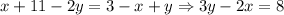 x+11-2y=3-x+y\Rightarrow3y-2x=8