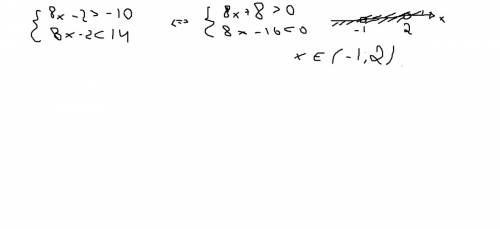 Решите двойное неравенство: -10< 8x-2< 14