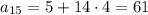 {a_{15}} = 5 + 14 \cdot 4 = 61