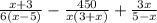 \frac{x+3}{6(x-5)}- \frac{450}{x(3+x)}+ \frac{3x}{5-x}