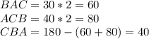 BAC=30*2=60\\&#10;ACB=40*2=80\\&#10;CBA=180-(60+80)=40