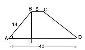 Основания трапеции равны 5 и 40, одна из боковых сторон равна 14, а косинус угла между ней и одним и