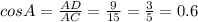 cosA= \frac{AD}{AC}= \frac{9}{15}= \frac{3}{5}=0.6