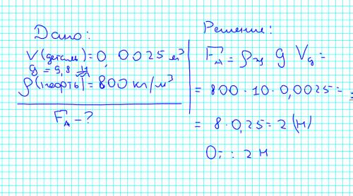 Латунная деталь объёмом 0,0025м(3) погружена в нефть.чему равна архимедова сила, действующая на дета