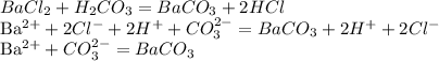 BaCl_2 + H_2CO_3 = BaCO_3 + 2HCl&#10;&#10;Ba^{2+} + 2Cl^{-} + 2H^{+} + CO_3^{2-} = BaCO_3 + 2H^{+} + 2Cl^{-}&#10;&#10;Ba^{2+} + CO_3^{2-} = BaCO_3