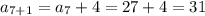 a_{7+1} = a_{7} +4=27+4=31