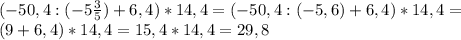 (-50,4:(-5 \frac{3}{5} )+6,4)*14,4=(-50,4:(-5 ,6 )+6,4)*14,4= \\ &#10;(9+6,4)*14,4=15,4*14,4=29,8 \\