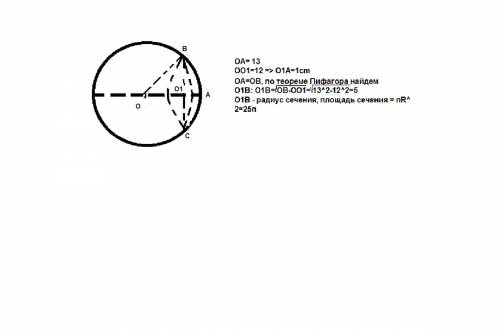 Радиус шара 13 см. найти площадь сечения шара плоскостью, удалённой от центра шара на 12 см.