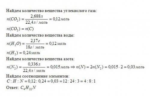 При сгорании первичного амина выделилось 2.688 л углекислого газа; 2, 17 гр воды; 0,336 л азота, уст
