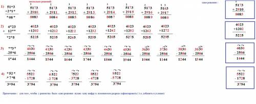 Измените равенства так , чтобы у каждого из них было только одно решение. 51*3+2*1*=*08*, 4*23+12**=