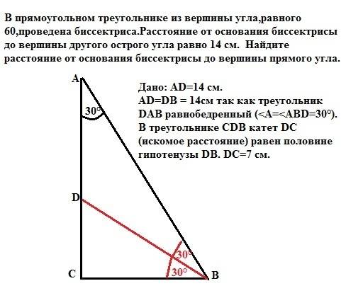 Впрямоугольном треугольнике из вершины угла,равного 60,проведена биссектриса.расстояние от основания