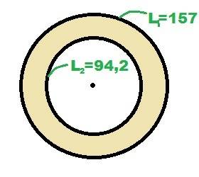 Две окружности имеют общий центр,а длины их равны соответственно 157 и 94,2.найдите площадь кольца,з