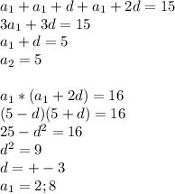 a_{1}+a_{1}+d+a_{1}+2d=15\\&#10;3a_{1}+3d=15\\&#10;a_{1}+d=5\\&#10;a_{2}=5\\\\&#10; a_{1}*(a_{1}+2d)=16\\&#10; (5-d)(5+d)=16\\&#10; 25-d^2=16\\&#10; d^2=9\\&#10; d=+-3\\&#10;a_{1}=2;8