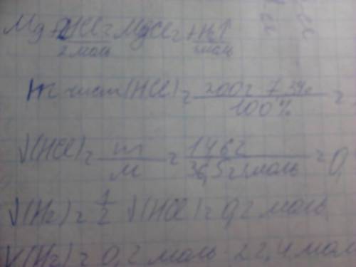 Кизбытку магния прилили 200 г 7,3 %-ного раствора соляной кислоты. рассчитайте объем выделившегося п