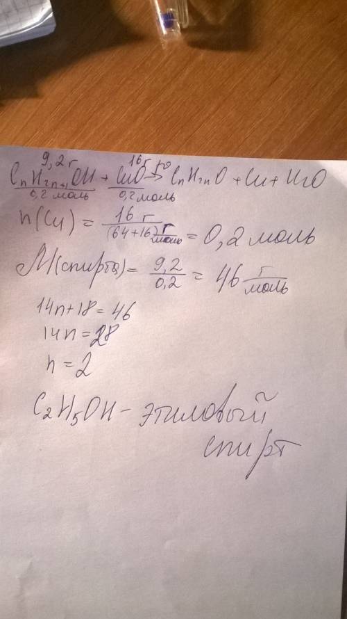 При взаимодействии 9,2г предельного одноатомного спирта с 16г оксида меди (ii) получили альдегид, ме