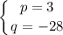 \displaystyle \left \{ {{p=3} \atop {q=-28}} \right.