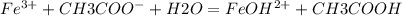 Fe^{3+} + CH3COO^- + H2O = FeOH^{2+} + CH3COOH