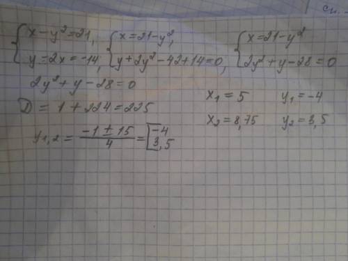 X+y=4 xy=-21 это решить и это x-y^2=21 y-2x=-14