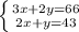 \left \{ {{3x+2y=66} \atop {2x+y=43}} \right.