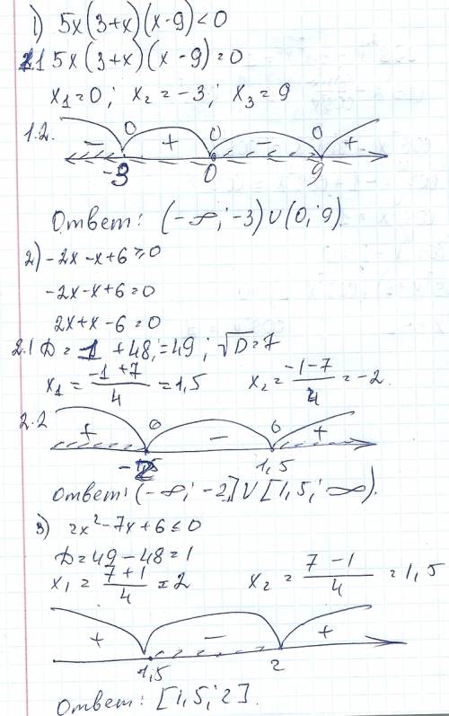 Решите 1)5х(3+х)(х-9)< 0 2)-2х-х+6> либо равно 0 3)2х2-7х+6