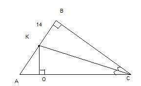 Впрямоугольном треугольнике abc прямым углом b проведена биссектриса ck, причём kb=14 см . найдите р
