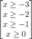 \begin{bmatrix}&#10;x \geq -3\\&#10;x \geq -2\\&#10;x \geq -1\\&#10;x \geq 0\\&#10;\end{bmatrix}