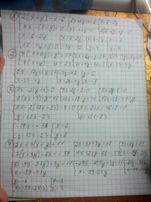 Найдите решение системы уравнений подстановки: 1. 2(x+y) - x=6 и 3x-(x-y)=0 2. 3(x+2y) -y=27 и 4(x+y