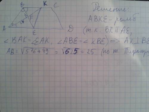 25 ! биссектрисы углов а и в при боковой стороне ав трапеции авсд пересекаются в точке f. найдите ав