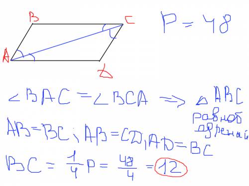 Впараллелограмме авсд диагональ ас является биссектрисой угла а найдите сторону вс если периметр авс