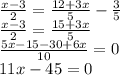 \frac{x-3}{2}= \frac{12+3x}{5} - \frac{3}{5} \\ \frac{x-3}{2}= \frac{15+3x}{5} \\ \frac{5x-15-30+6x}{10} =0 \\ 11x-45=0