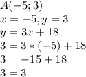 A(-5;3) \\ x=-5,y=3 \\ y=3x+18 \\ 3=3*(-5)+18 \\ 3=-15+18 \\ 3=3