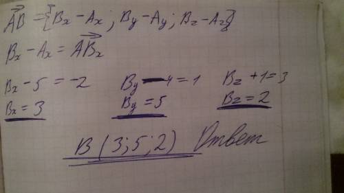 Найдите координаты точки b,если известны координаты вектора ab (-2; 1; 3) и точки a (5; 4; -1)