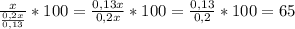 \frac{x}{\frac{0,2x}{0,13}}*100=\frac{0,13x}{0,2x}*100=\frac{0,13}{0,2}*100=65