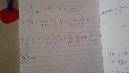 Разложить на множители: -1/16 x^4+81 варианты ответов: 1) (9-1/2x)(9+1/4x^2) 2) (3-1/2x)(3+1/2x)(9-1